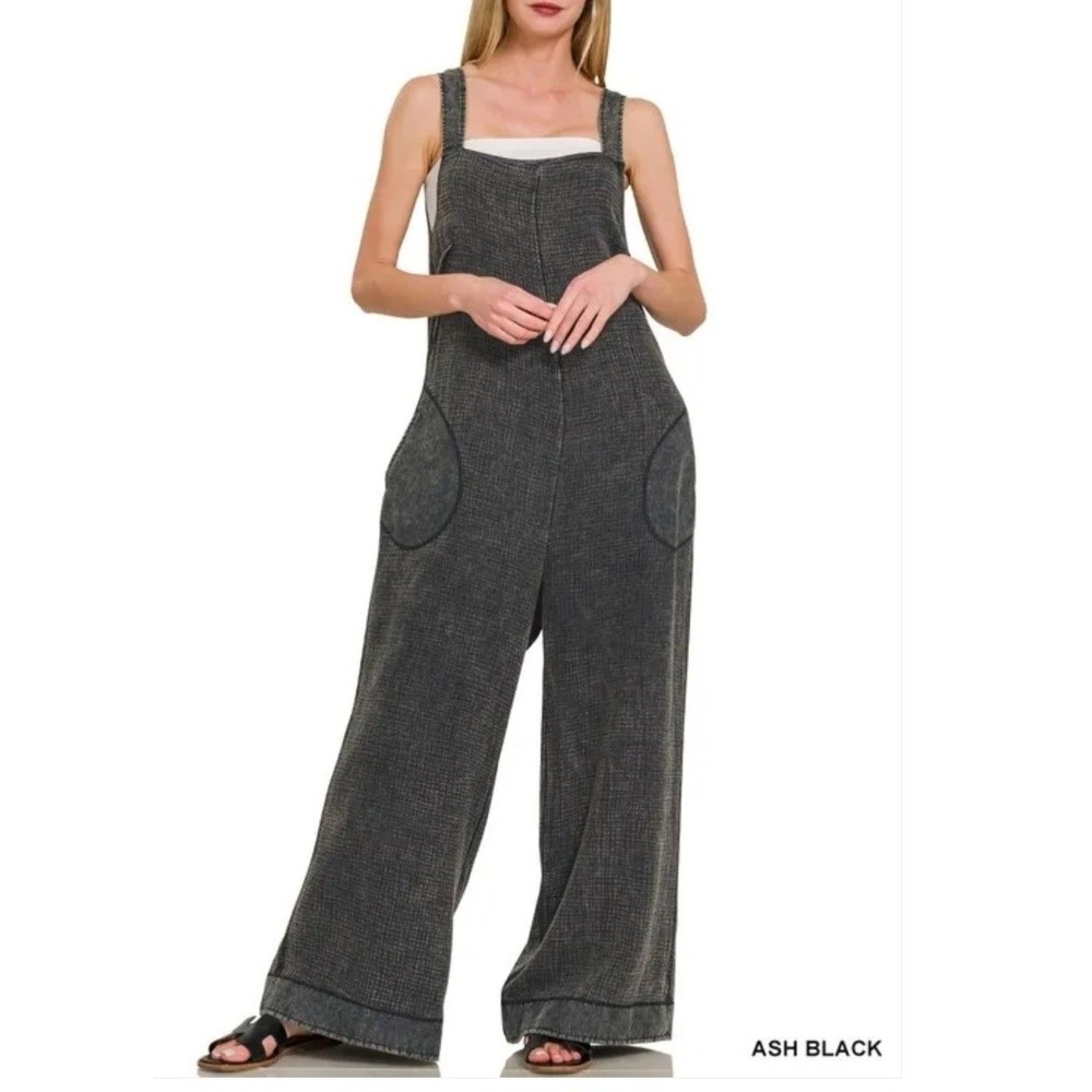 Zenana Double Gauze Washed Wide Leg‎ Overalls Ash Black Square Neck Tie Back  SM